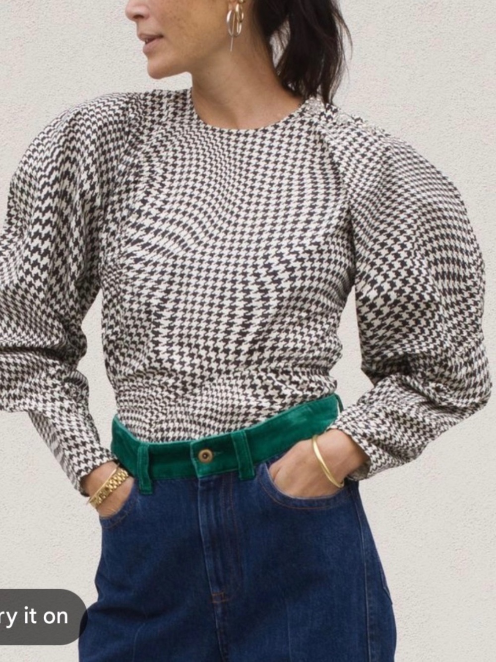 GANNI HOUNDSTOOTH COTTON POPLIN BLOUSE IN BRAZILIAN SAND size 38